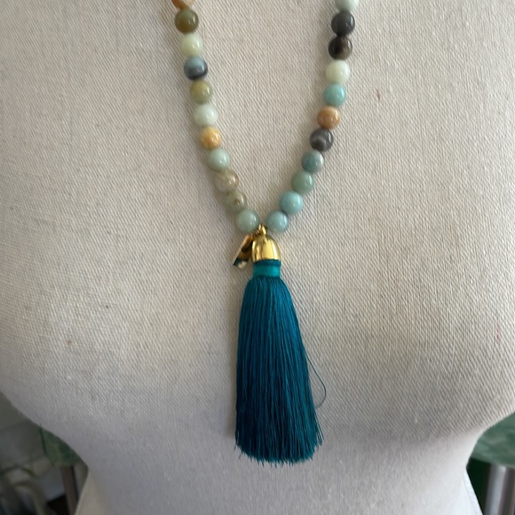 Gemstone and teal tassel statement necklace - Picture 4 of 5